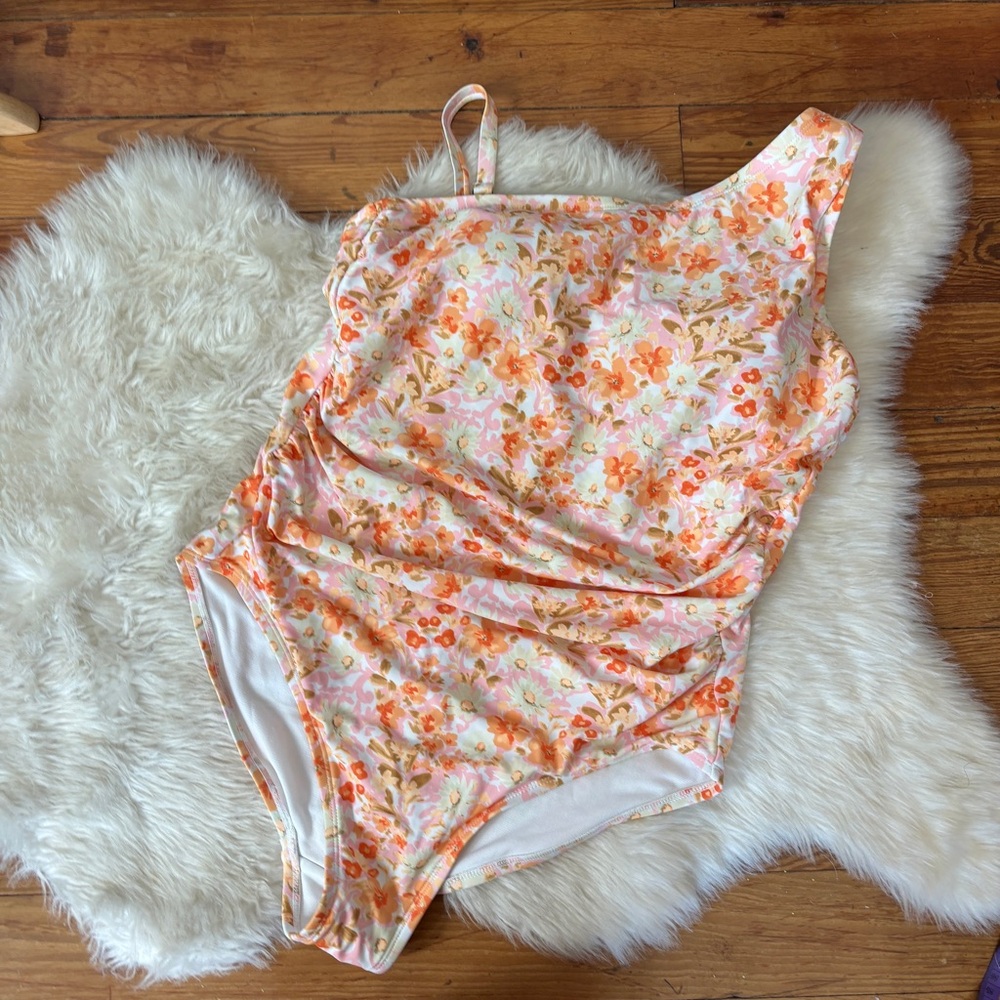 Kona Sol Pastel Pink & Orange Floral Asymmetric One Piece Swimsuit